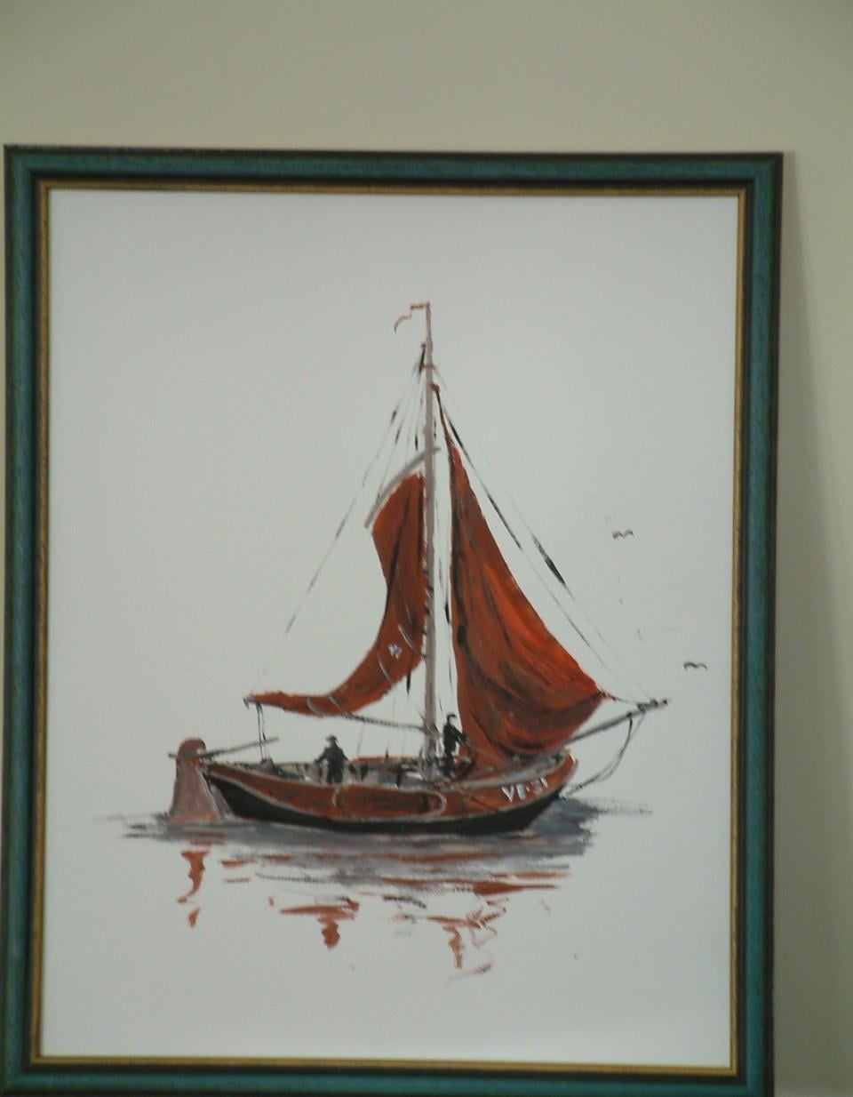 Acryl schilderij op ets papier [ geschept papier ] met lijst