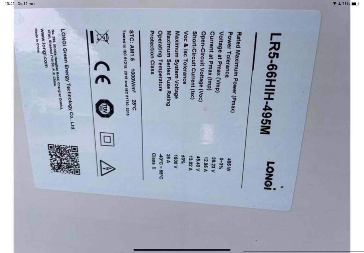 Zonnepaneel longi 495w hoogrendement paneel