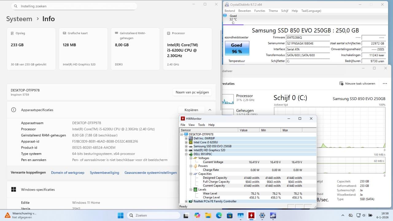 Dell Inspiron 5759 i5-6200 8Gb 250Gb-SSD 17,3" WDVD±RW Win11 25h2 €115