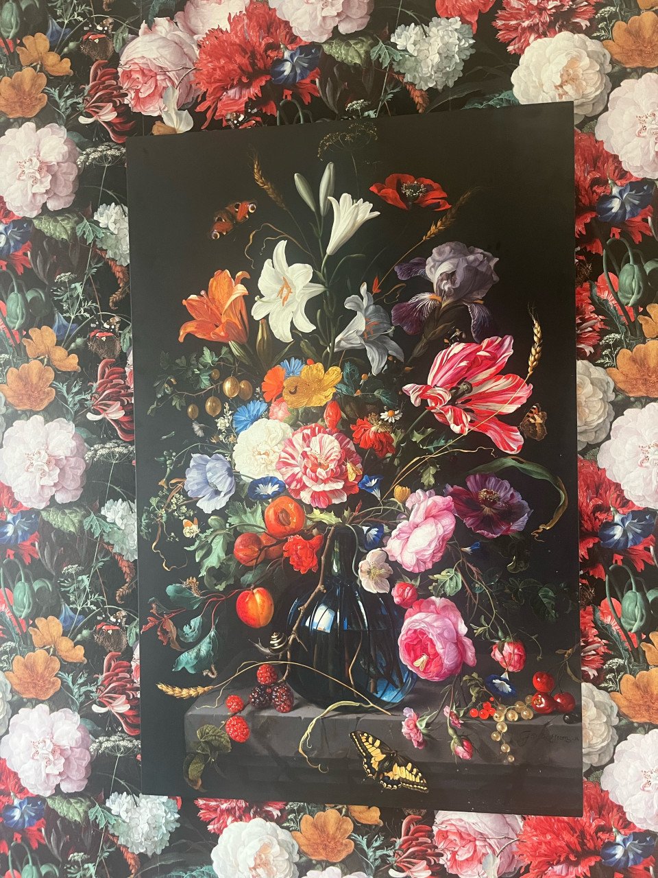 Groot bloemen schilderij met metalen achterkant