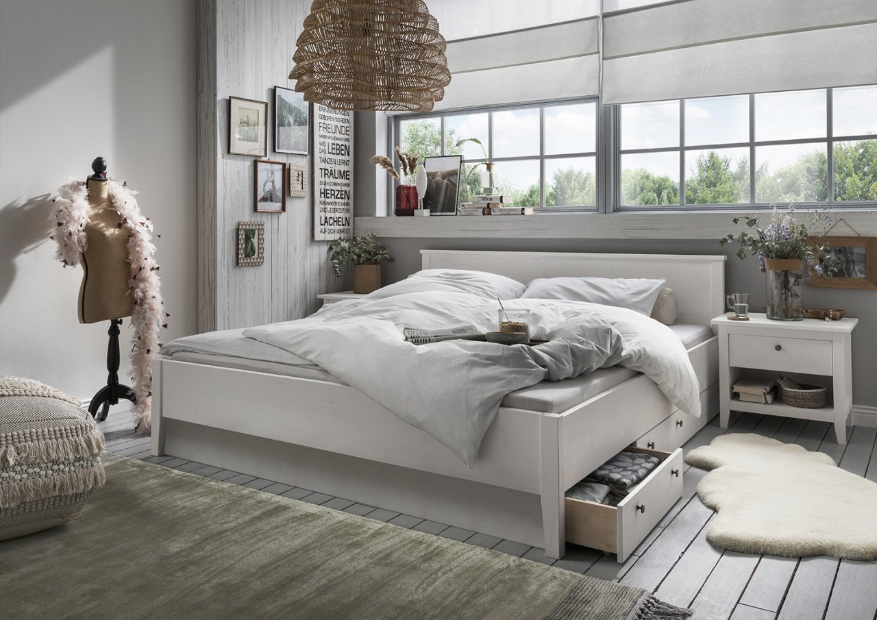 Tweepersoons bed Massief grenen hout. Puur natuur of Wit
