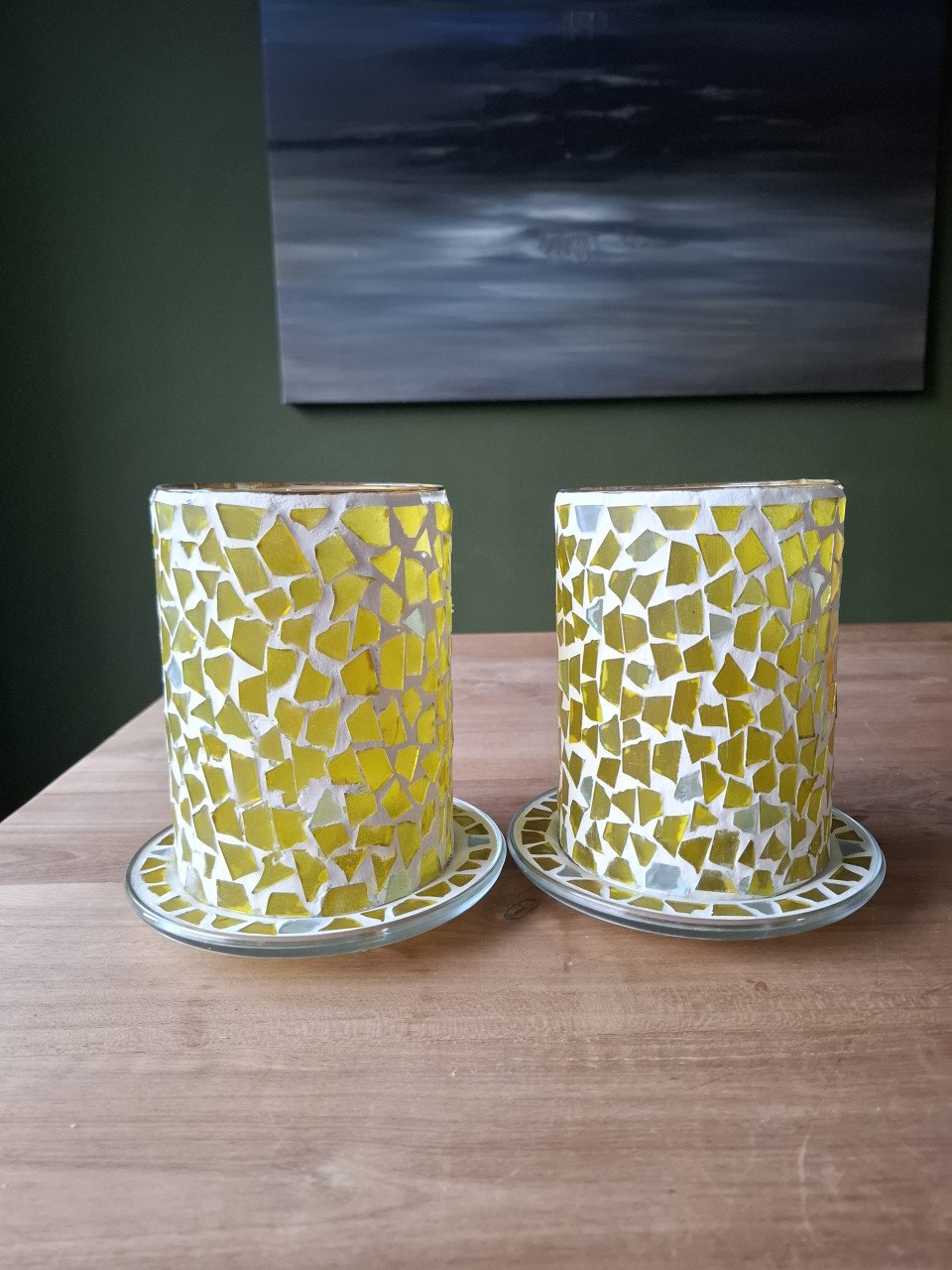 2X Windlicht waxinelichthouder kandelaar geel glas mozaïek