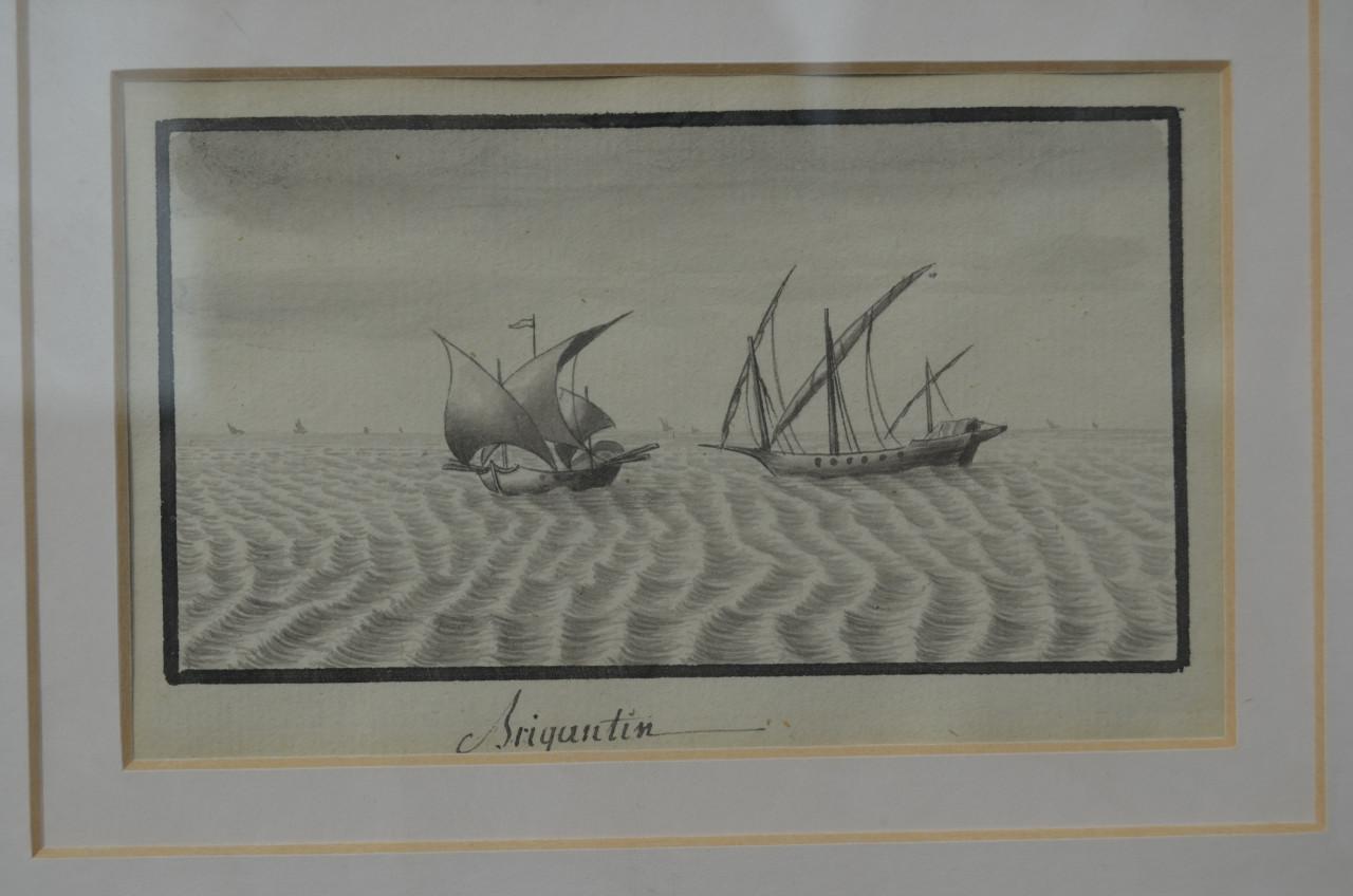 Mooie monochroom aquarel van een Brigantijn