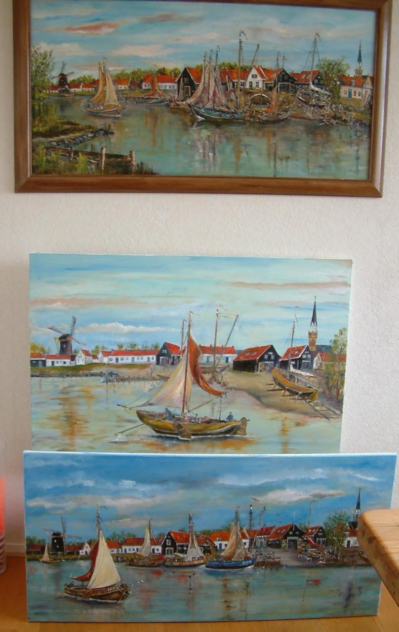 Haven en Werf van oud Arnemuiden in Olieverf op doek 120 x 60 cm