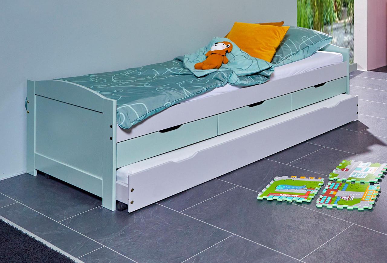 Kinderbed in Wit grenen massief hout 90 x 200 cm. 3 lades