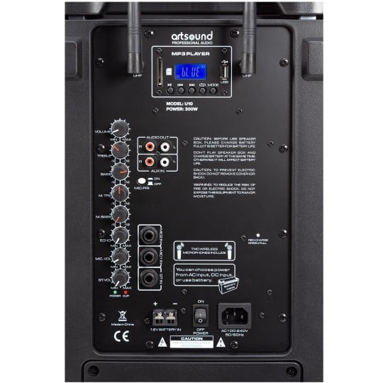 ArtSound U10 Partyspeaker met accu en 2 microfoons  ***300 WATT***