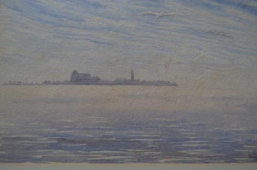 Aquarel skyline van Veere gemonogrammeerd.