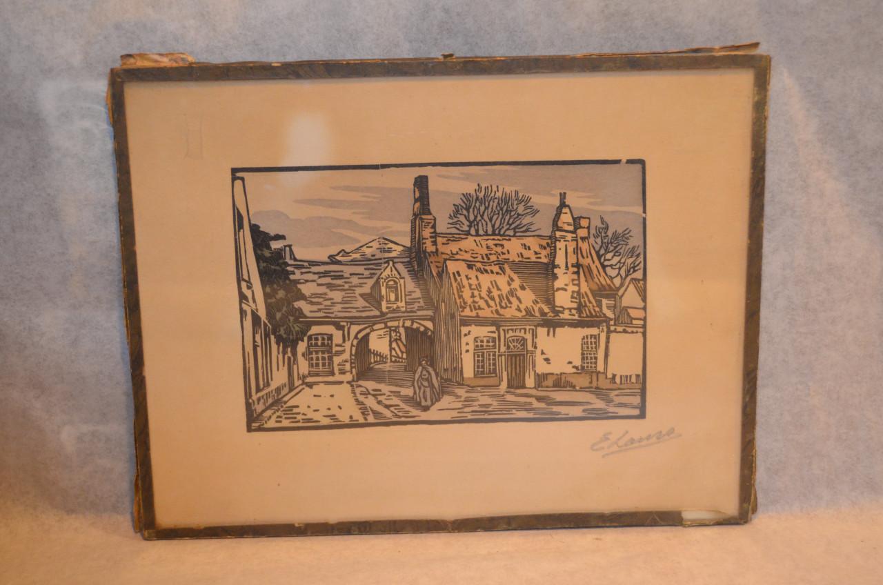 4 Etsjes gesign. ' E. Laun ' (?) dorps / stadsgezichten