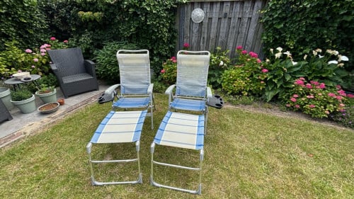 Te koop: 2 Dukdalf campingstoelen met voetensteun
