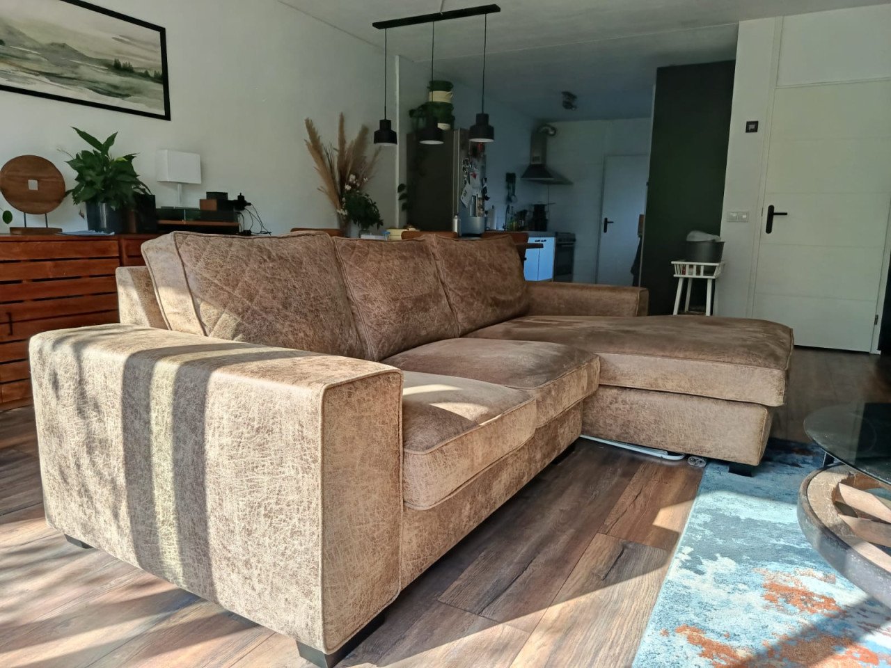 Bruine hoekbank met chaise longue