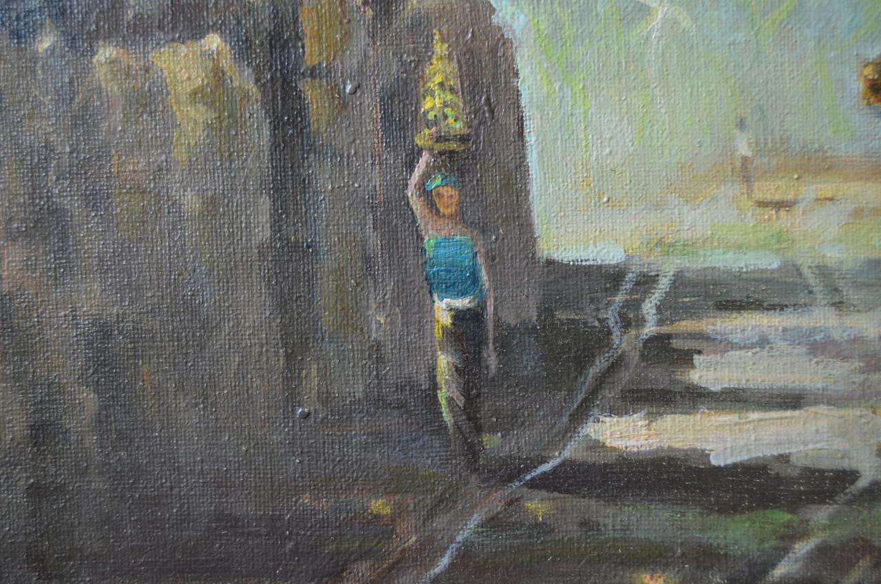 Indonesisch/Aziatisch schilderij: vrouw bij Tempelmuur