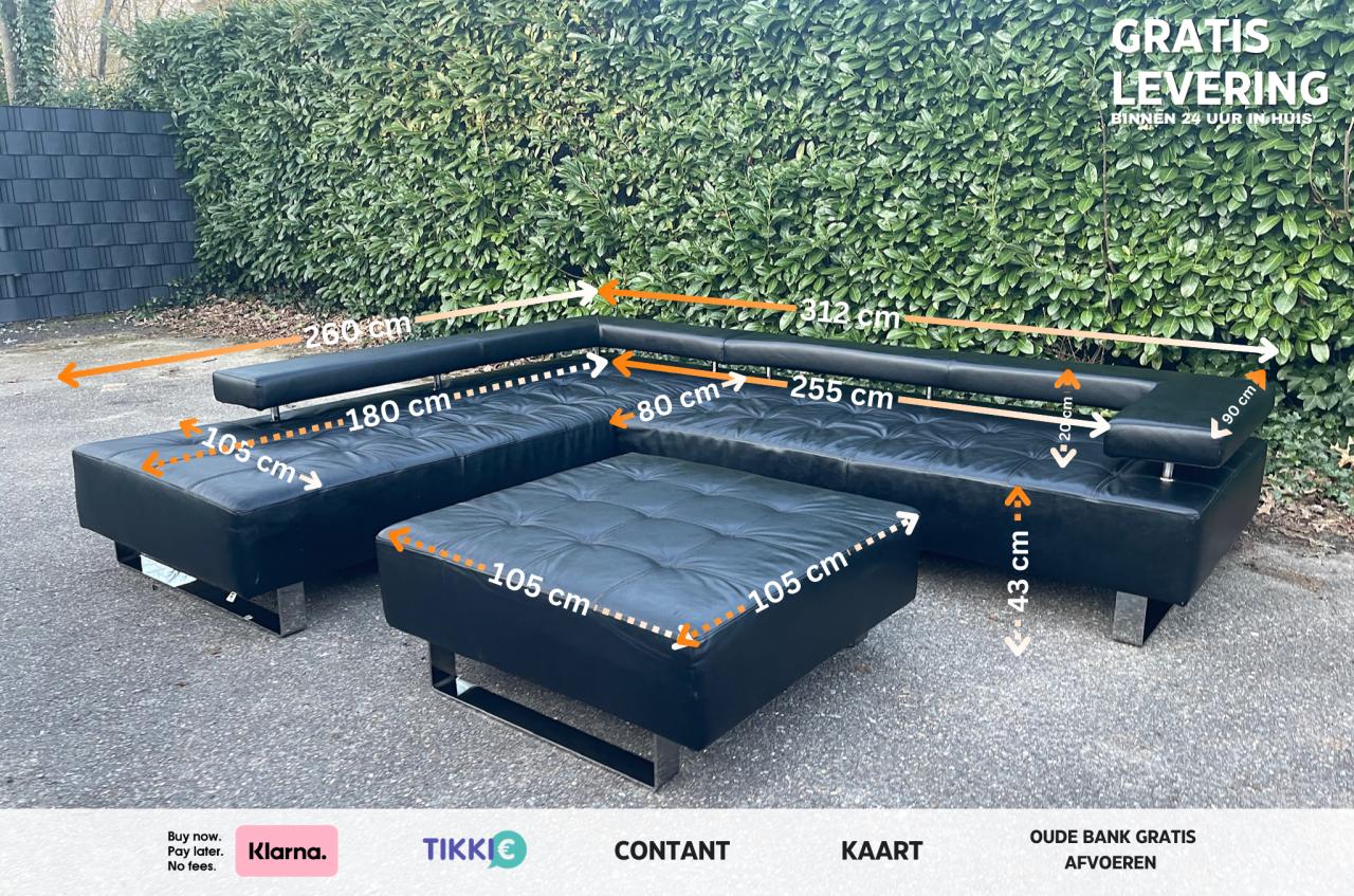 Montèl Cipriani zwart leren hoekbank met hocker en gratis levering