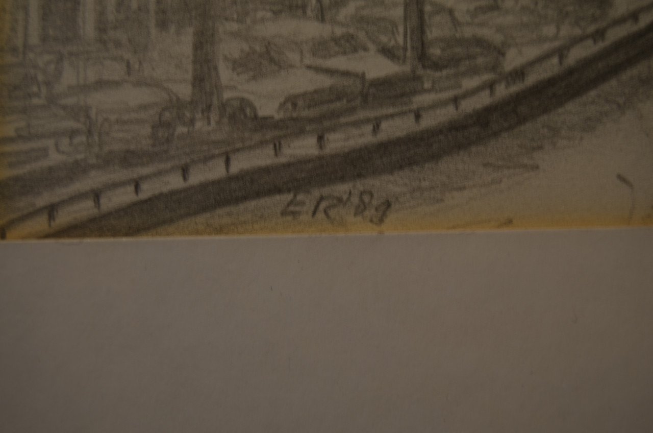 Potloodtekening Singel Amsterdam gesigneerd ER '89