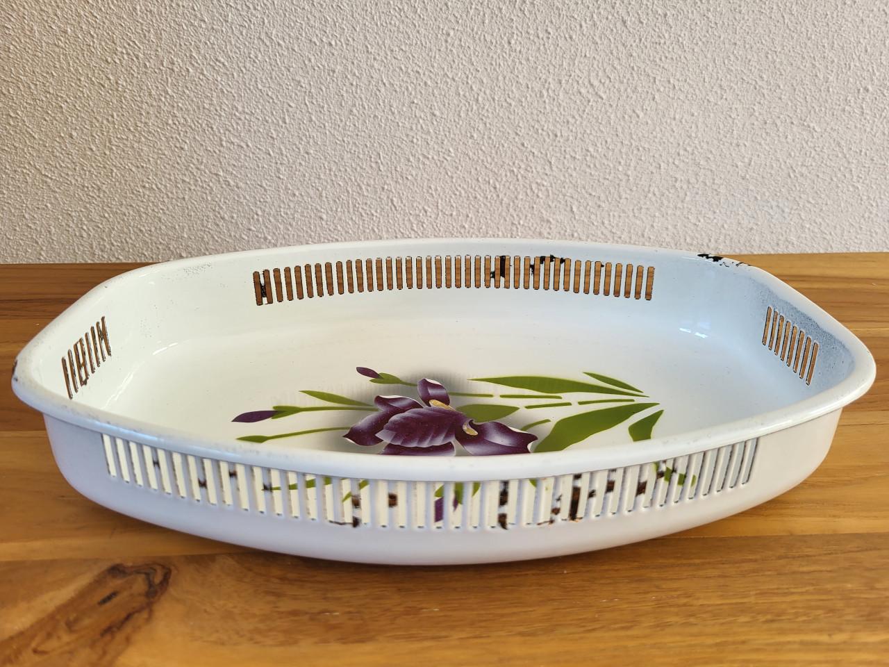Brocante emaille schaal broodschaal broodmand iris