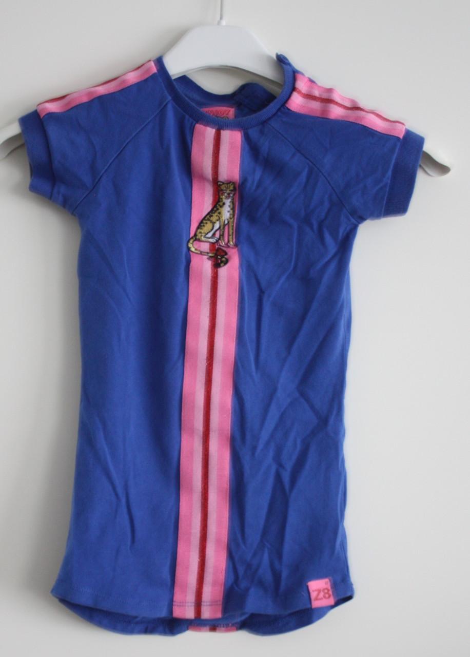 Blauw jurkje met roze en panter maat 80