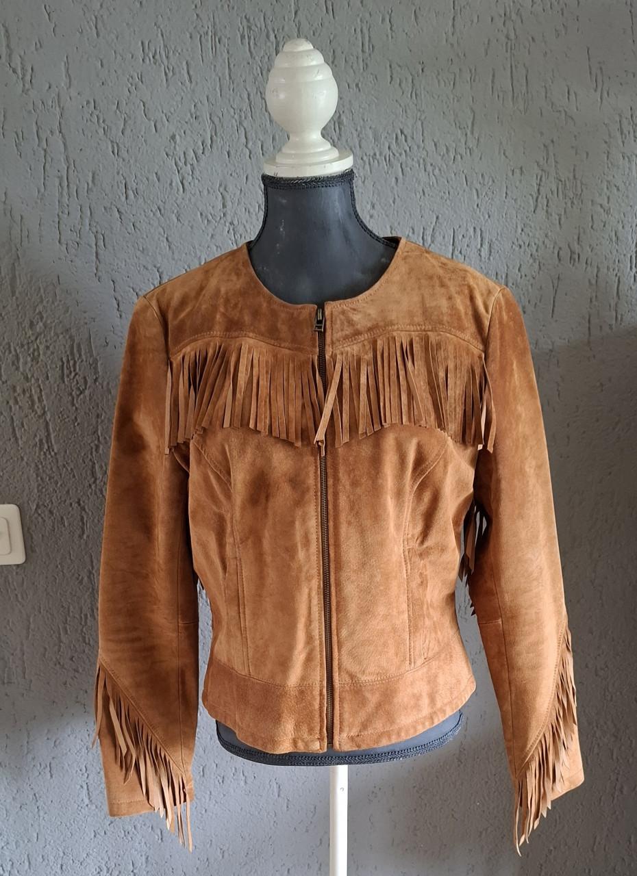 Nieuwe suede jas, cognac, maat L, valt als M of S