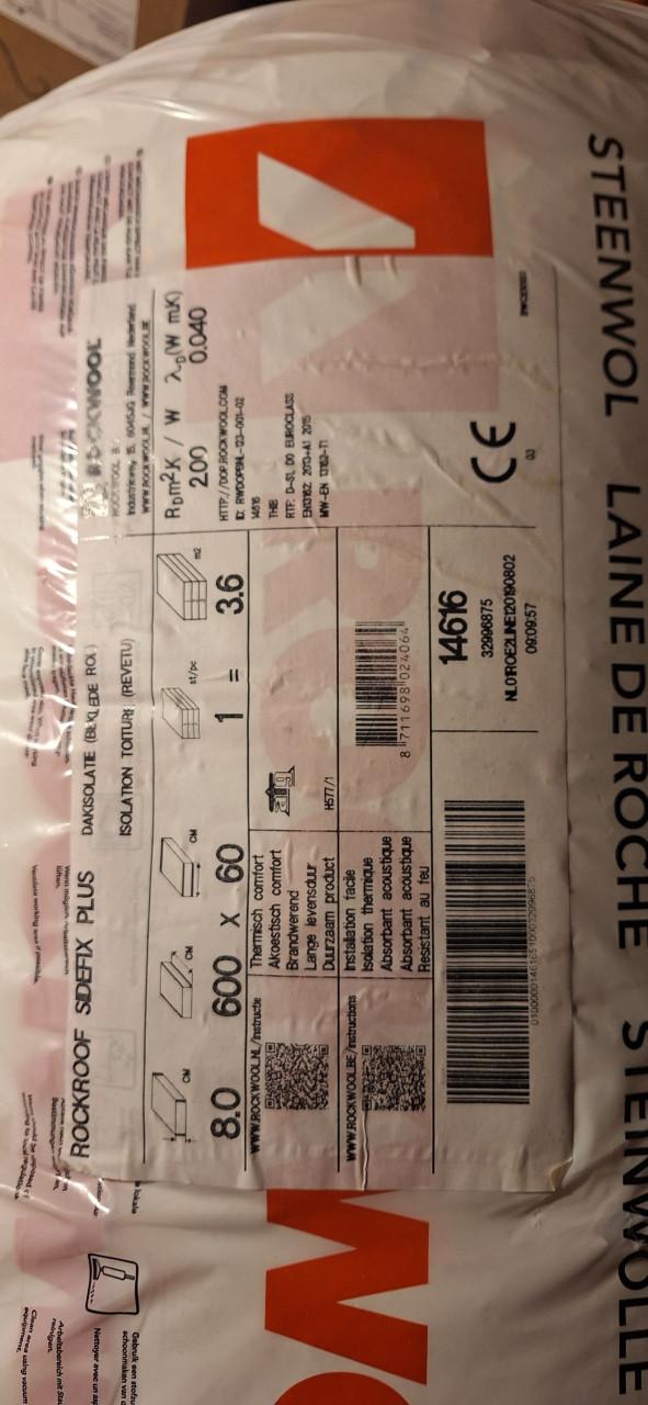 Rockwool, rockroof met flens 6 mtr x 0,6 mtr en 8 cm