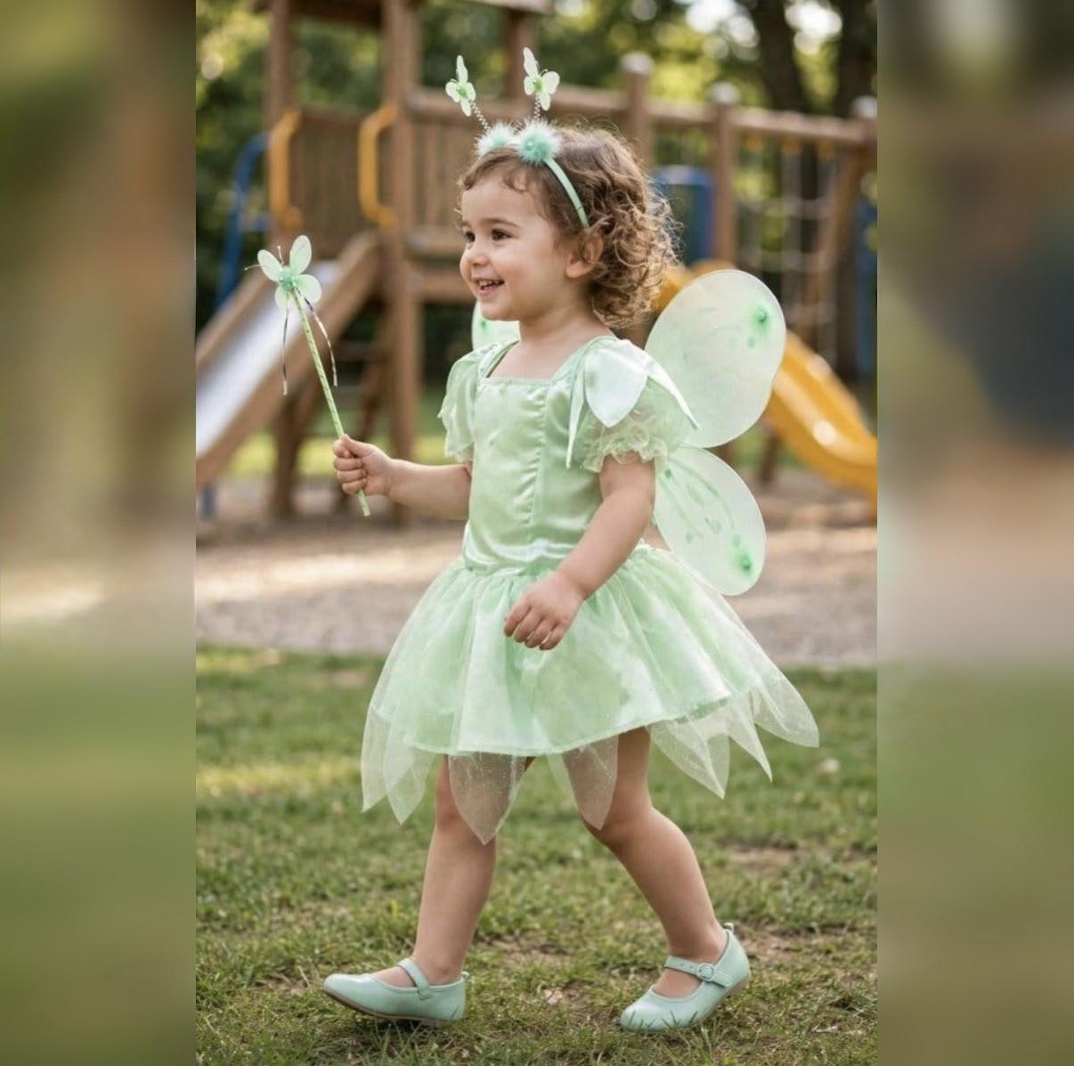 Nieuw 104-110-116 Tinkerbel Elfje Jurk Vleugels Staf Diadeem
