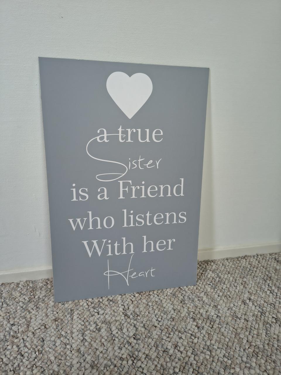 Prachtig grijs groot metalen wandbord met tekst, zussen, zus