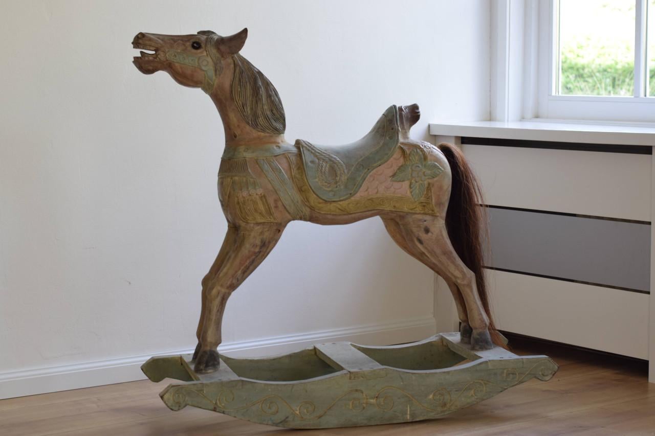 Blikvanger! Groot Antiek Indiaas Houten Hobbelpaard-XL 113cm