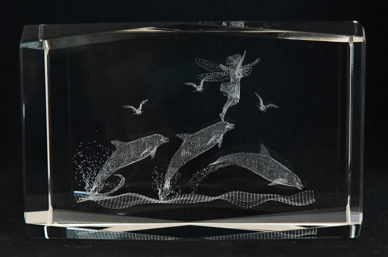 Dolfijnen en elfje 3D laser gegraveerd kristal glazen blok