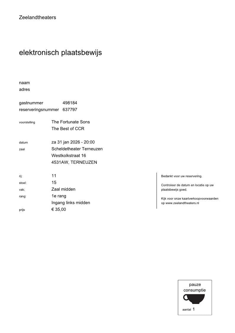 Wegens omstandigheden te koop 2 tickets,The Fortunate Sons The Best of CCR