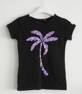 Zwarte shirt met paarse pallitten maat 116-122