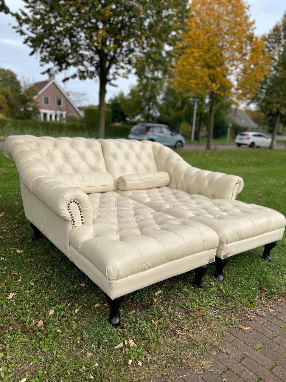 Chesterfield Chaise Lounge Set -Tijdloos Echt Leer Design-Luxe Uitstraling