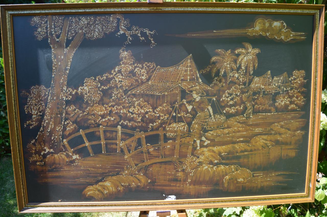 Grote Indonesische batik 'Indonesisch dorp met draagster'.