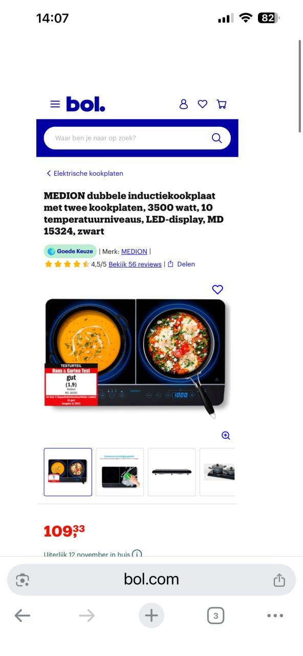 A ls nieuw vrijstaand dubbel inductie Kookplaat 220 V winkelprijs €110,-