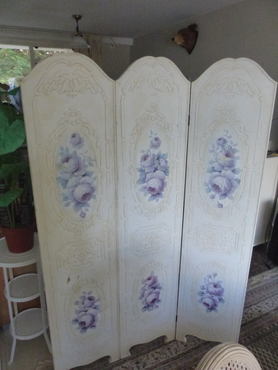 Kamesscherm brokant roomdivider bloemen geschilderd hout zwaar 40(3x)x180