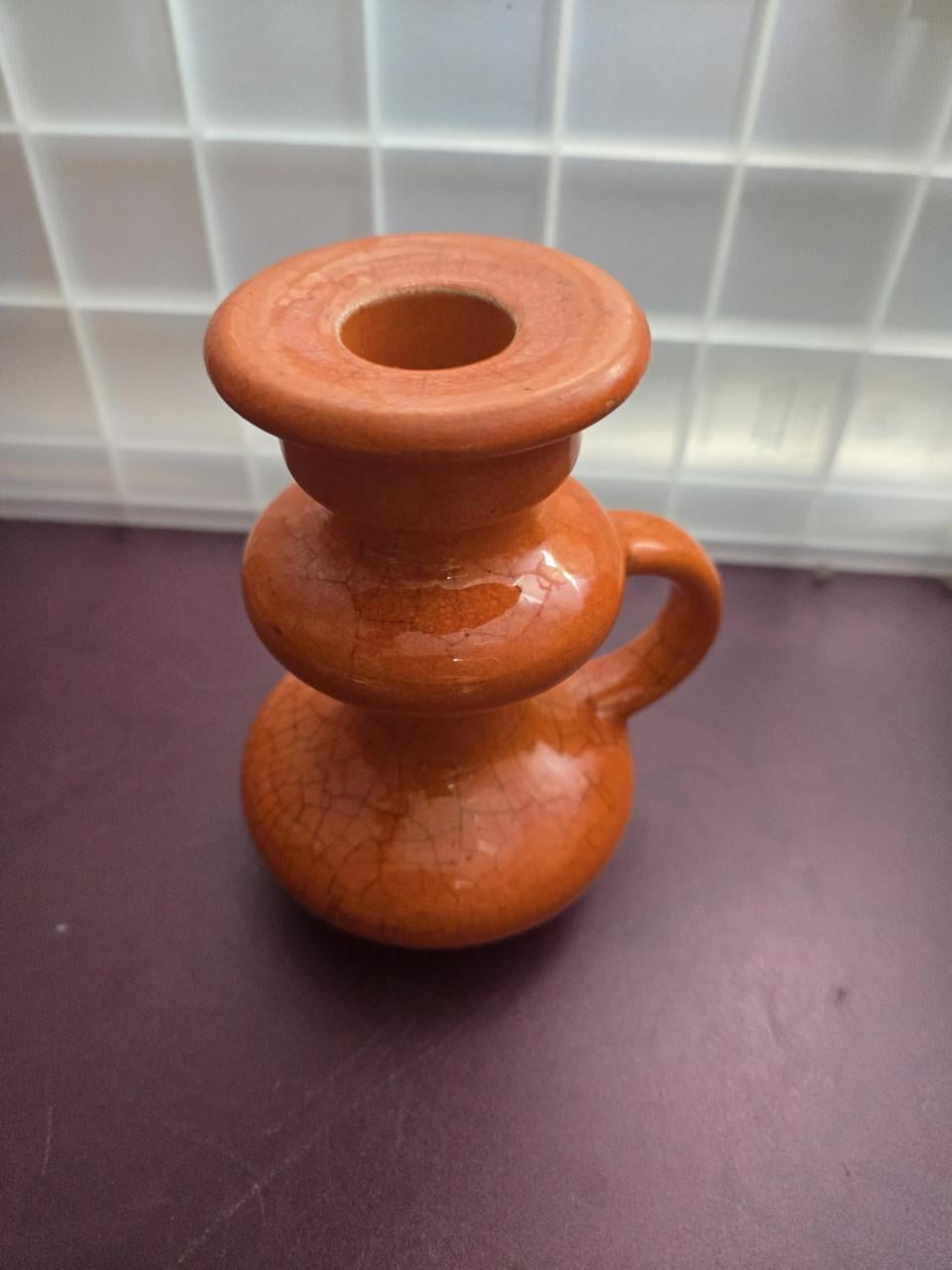 Oranje keramieken kandelaar met een craquelé glazuur, H12.5 Ø8.5-6.5 cm