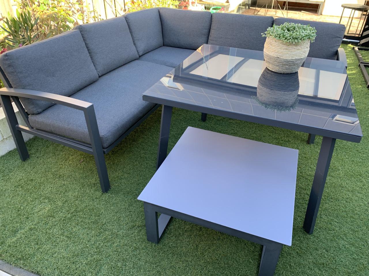 Loungset met kussens en eettafel en salontafel, Alminium.