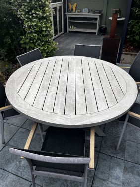 Ronde Tuintafel, teak, greywash, 160 cm!