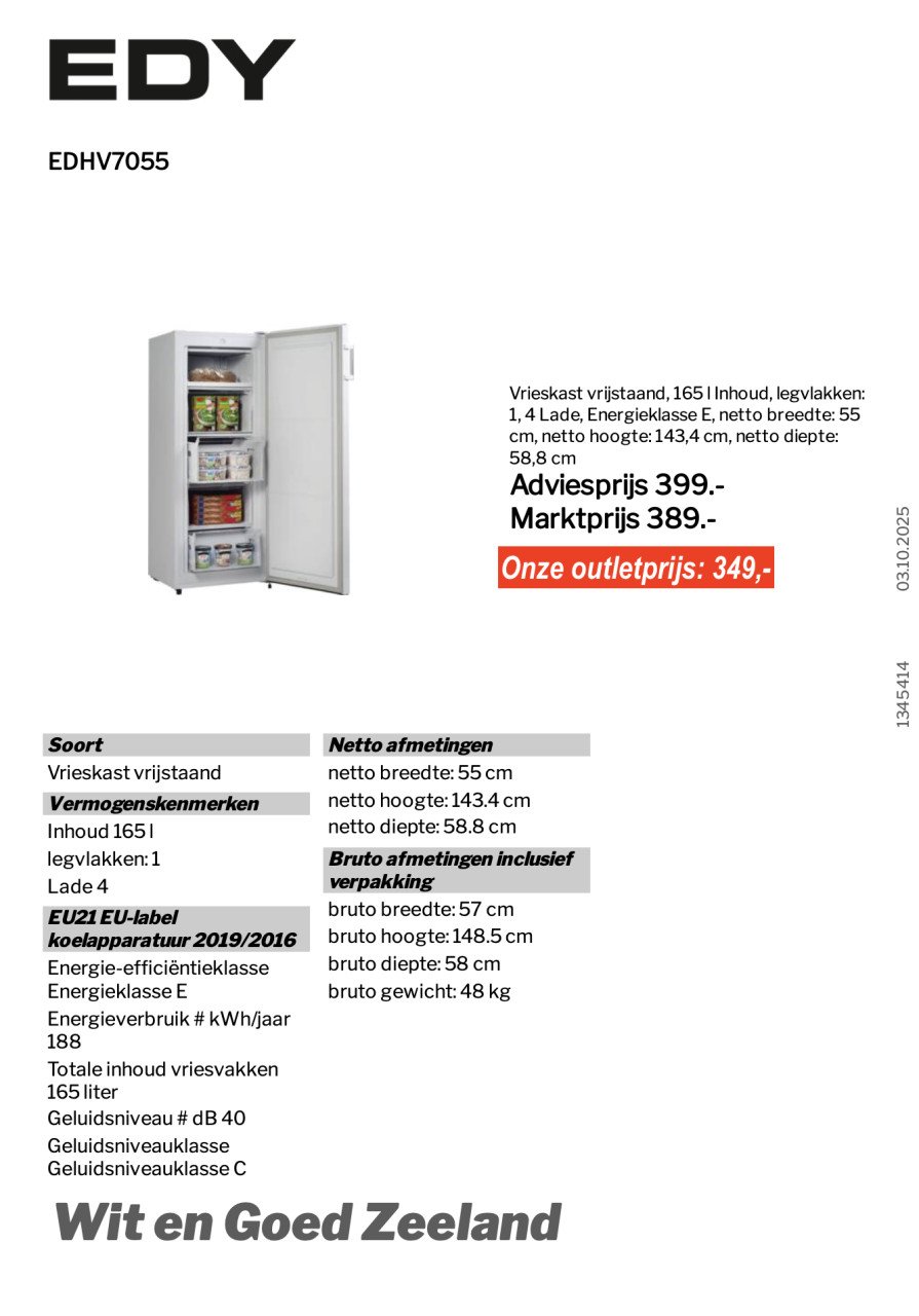 Vrijstaande vrieskast, edy, 5JAAR FABRIEKSGARANTIE (Nieuw/Outlet)
