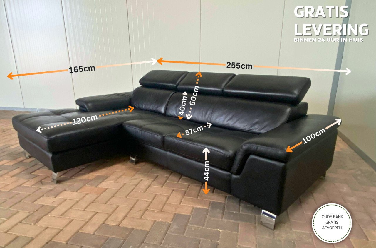 GRATIS LEVERING HEEL NL Zwarte Echt Leer Hoekbank met Chaise Longue