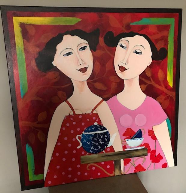 Schilderij "Theetje" 80 x 80 cm Acryl op linnen