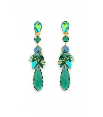 Oorclips met groene kristallen en facetgeslepen hanger