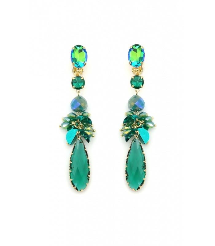 Oorclips met groene kristallen en facetgeslepen hanger
