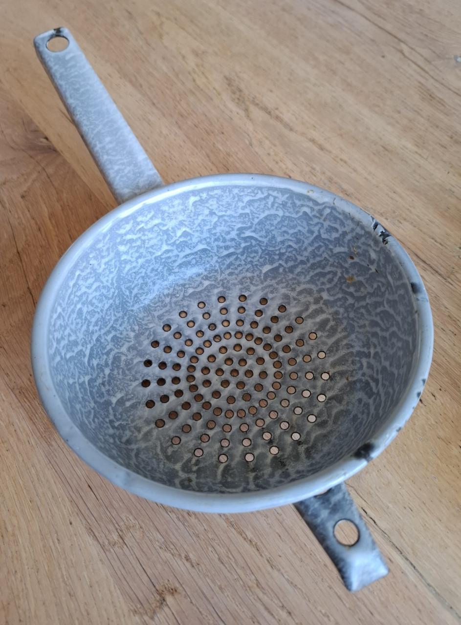 Vintage Emaille Vergiet Groentenzeef - Grijs Gemarmerd