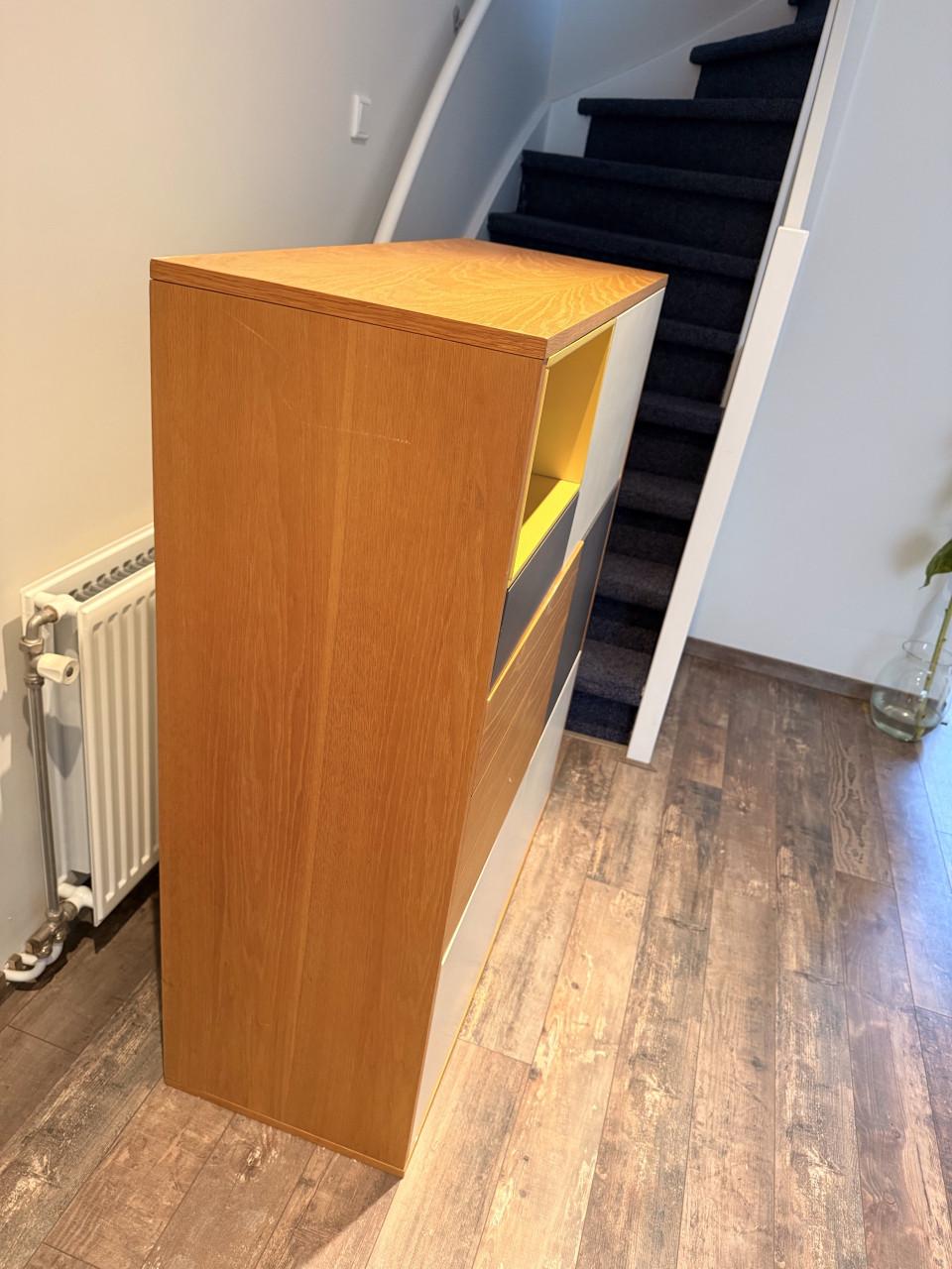 Mooie designkast hout/wit/antraciet/geel