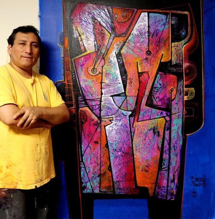 " Vestida en Rosa Andino ” Acrylschilderij van Simeon Gonzales 150 x 120 cm