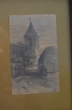 Kleine schets tekening van een kerkje, Gesign. 'HK'