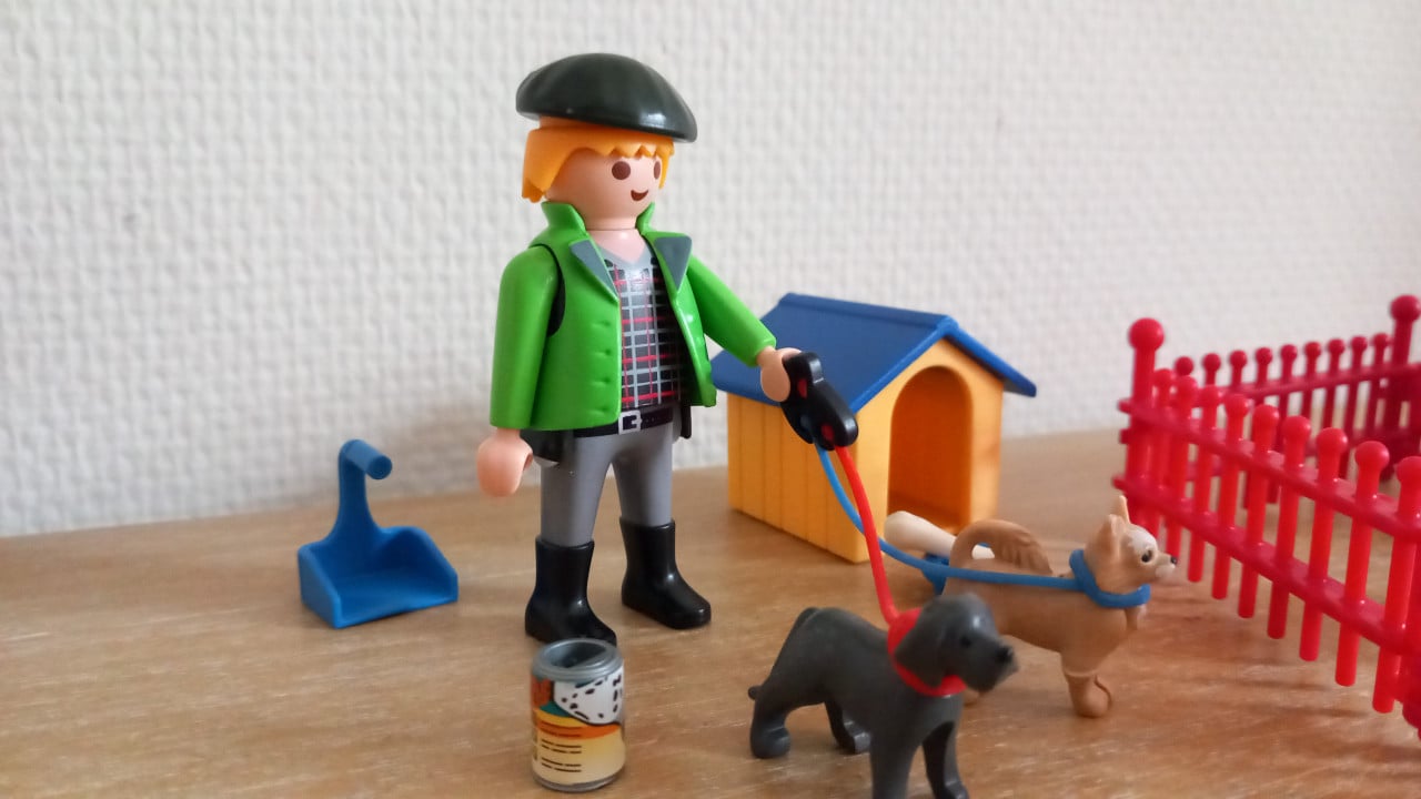 Playmobil 4 hondjes met hok, speelwip,ren, voer, baasje