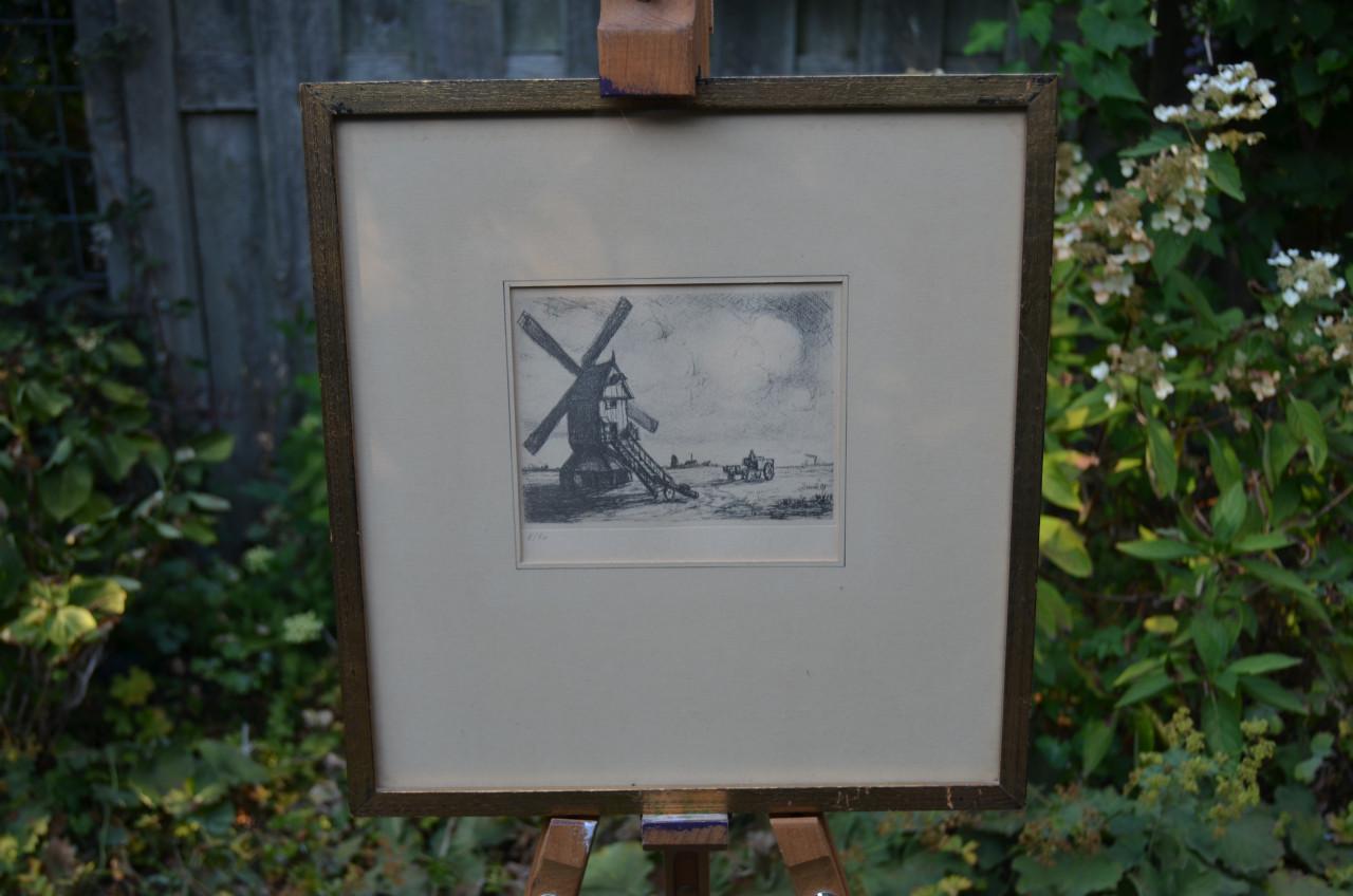 Ets molen in landschap. Genummerd 7/80 redelijke staat