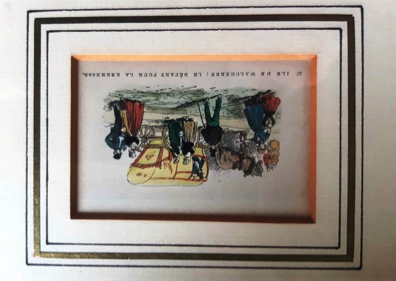Zeeland Walcheren klederdracht kermis: Ingekleurde houtgravure 1881