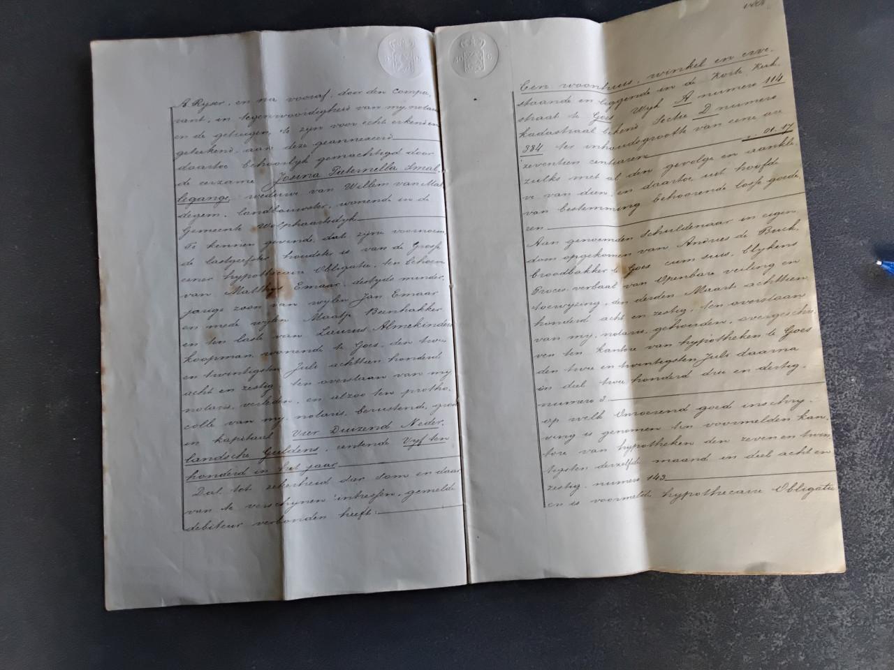 Akte van Overschrijving onroendgoed Goes in de herberg het Slot Oostende