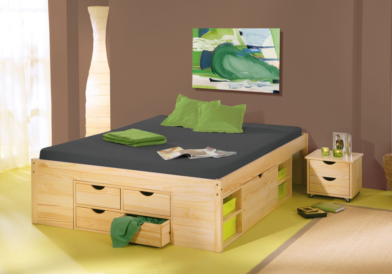 Massief grenen houten bed in Wit of Natuur met bedlades.