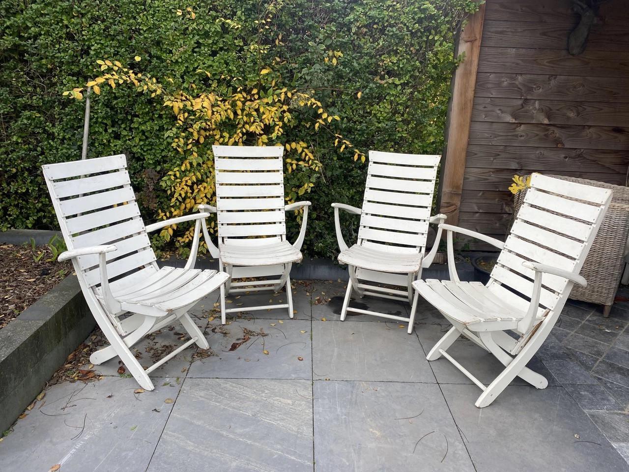 4 vintage houten brocante Franse verstelbare tuinstoelen serrestoelen
