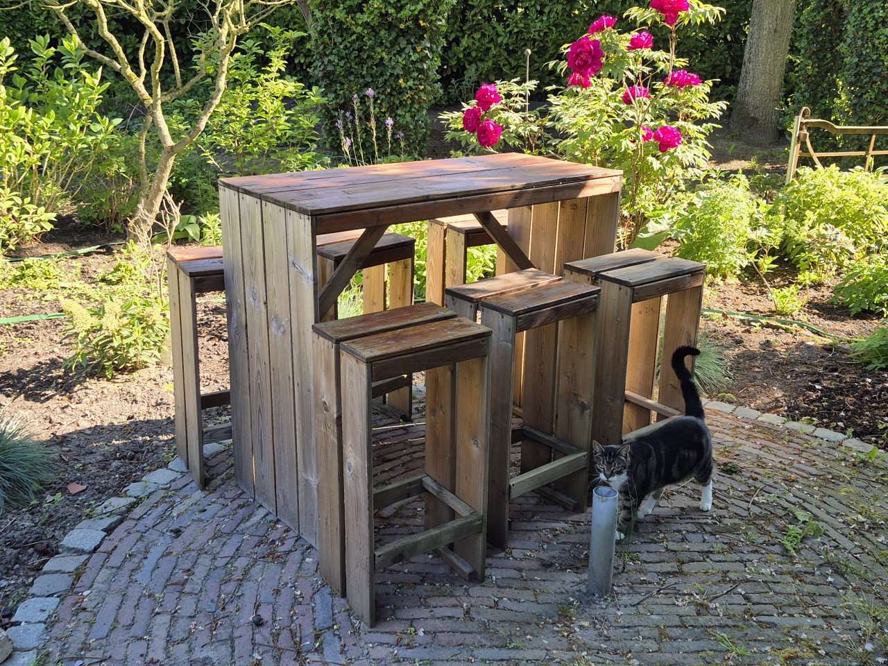 Heerlijke houten hoge bar met 6 krukken